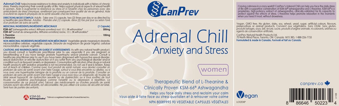 CanPrev Adrenal Chill for Women 90 Capsules - Side view of supplement bottle