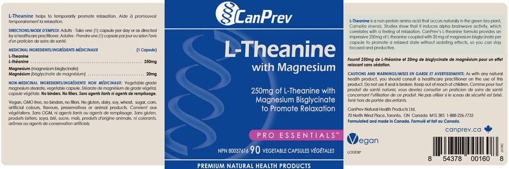 CanPrev L-Theanine Magnesium 90 Capsules - Supplement Facts label