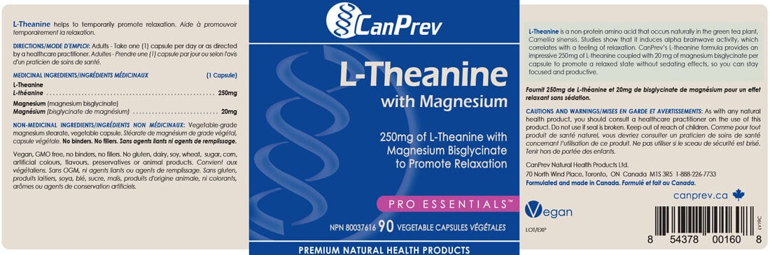 CanPrev L-Theanine Magnesium 90 Capsules - Supplement Facts label