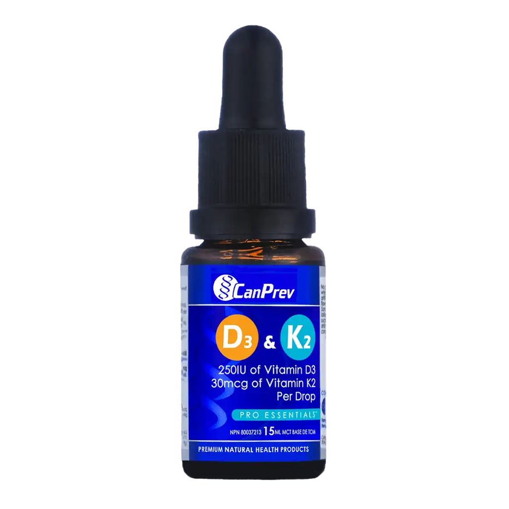 CanPrev D3 & K2 Drops 15mL - Packaging of the liquid vitamin D and K supplement.