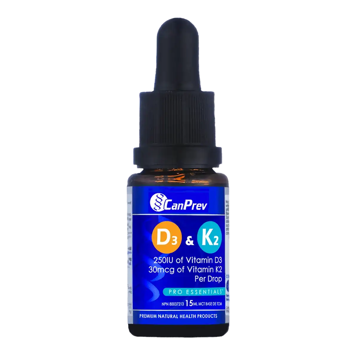 CanPrev D3 & K2 Drops 15mL - Packaging of the liquid vitamin D and K supplement.