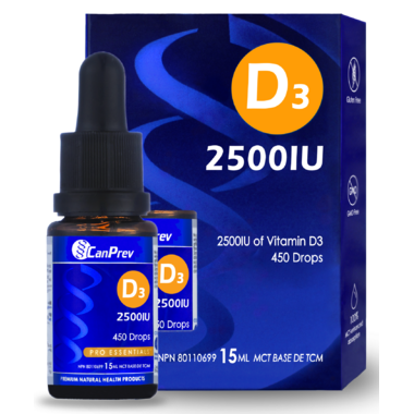 CanPrev D3 Drops 2500IU 15ml - Vitamin D3 liquid supplement bottle