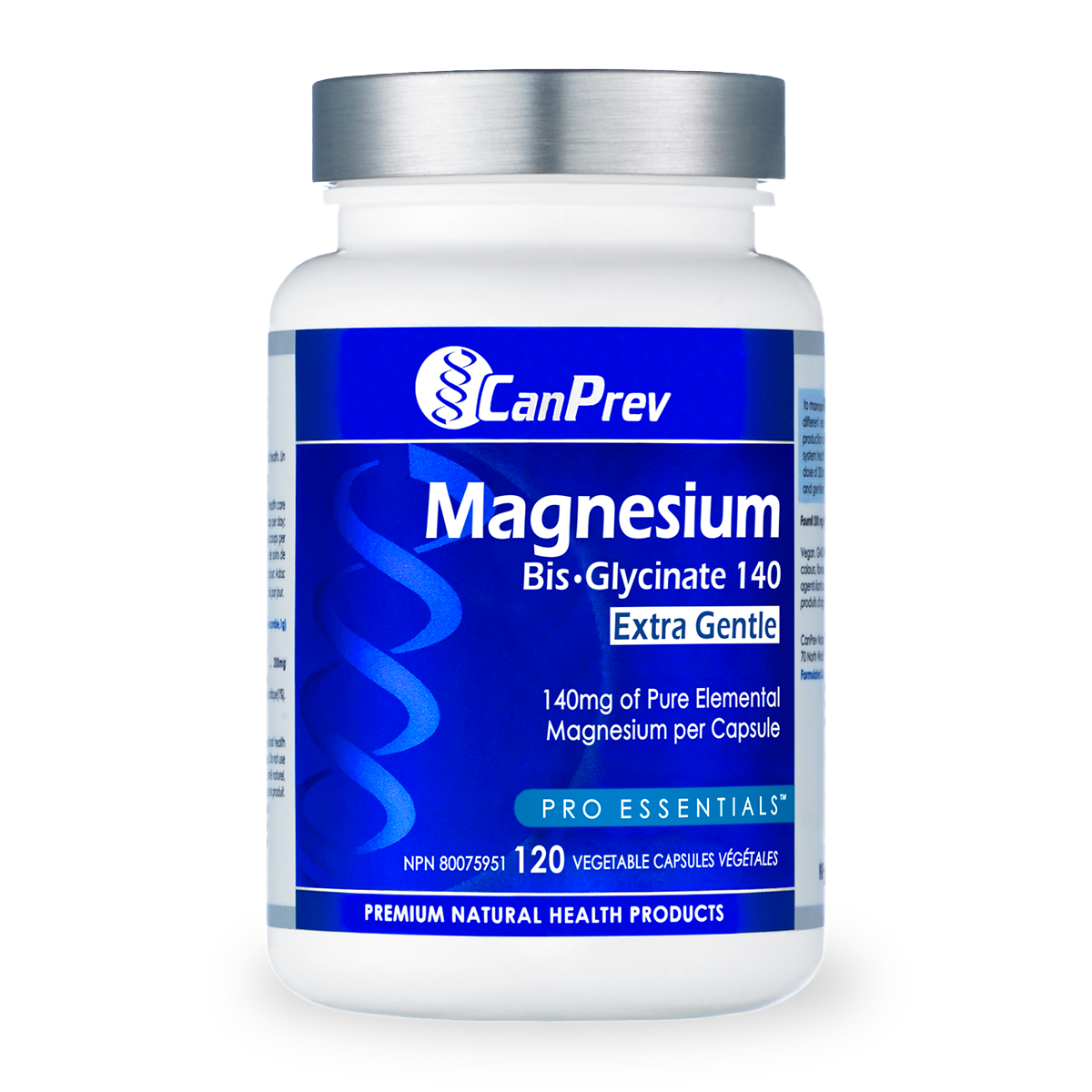 CanPrev Magnesium Bis-Glycinate 140 - 120 Capsules. Chelated magnesium supplement for muscle relaxation.