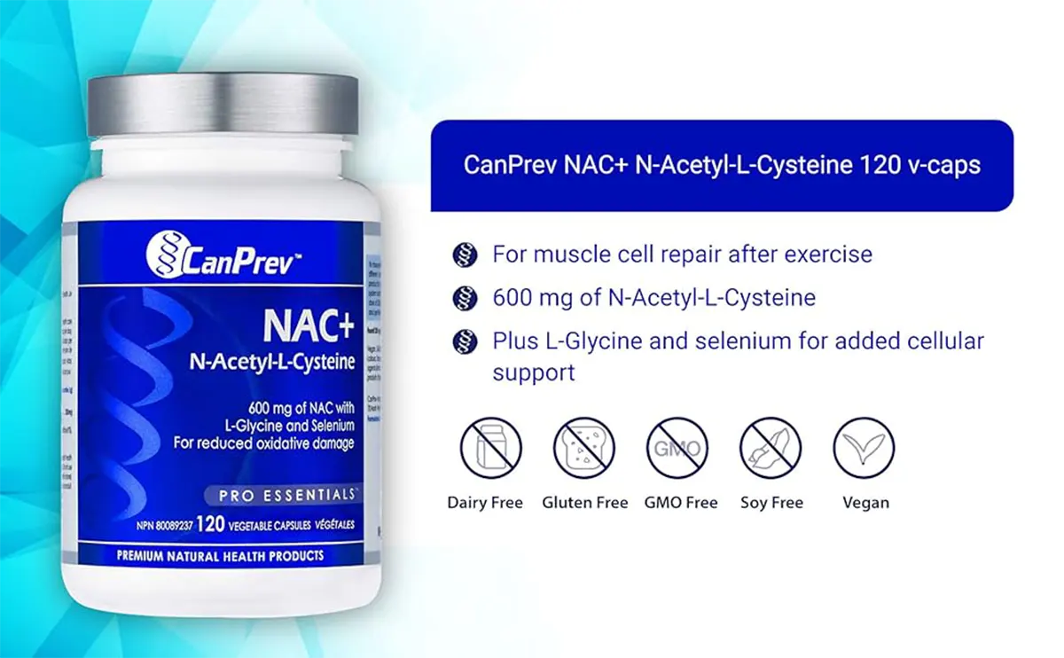 CanPrev NAC N-Acetyl-L-Cysteine 120 Capsules - Side view of the supplement bottle.