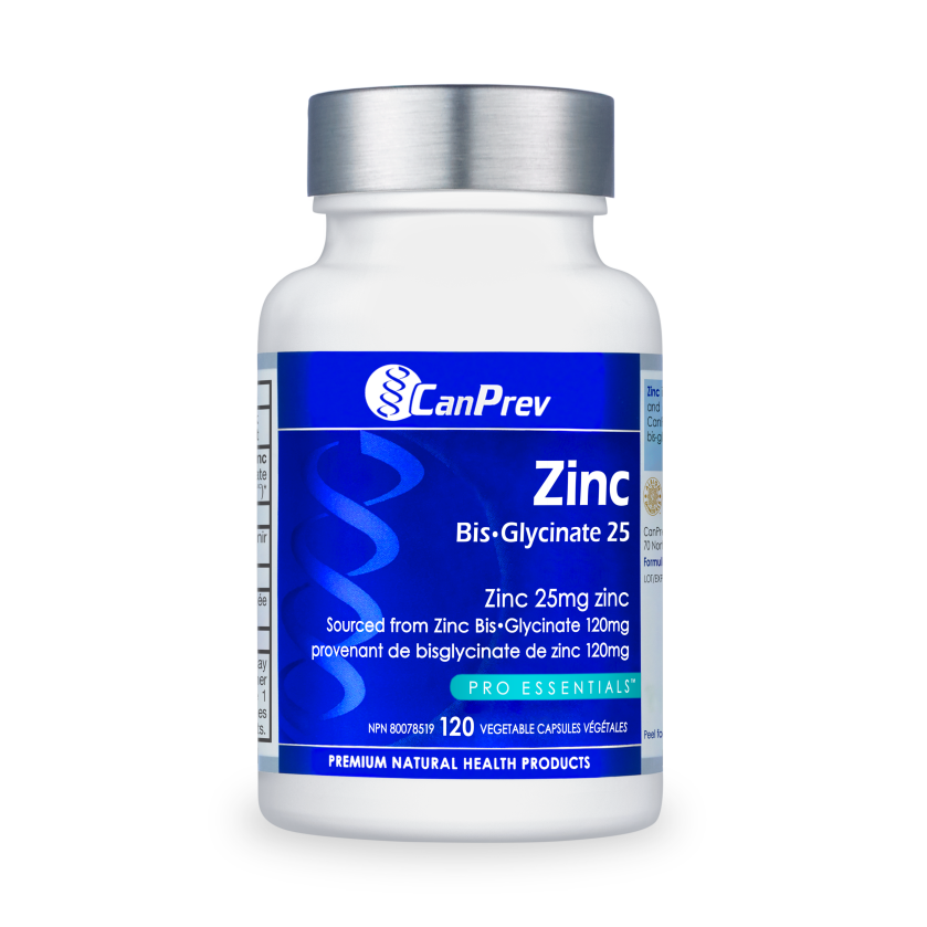 CanPrev Zinc Bis-Glycinate 25mg Capsules - Front view of the 120 capsule bottle.