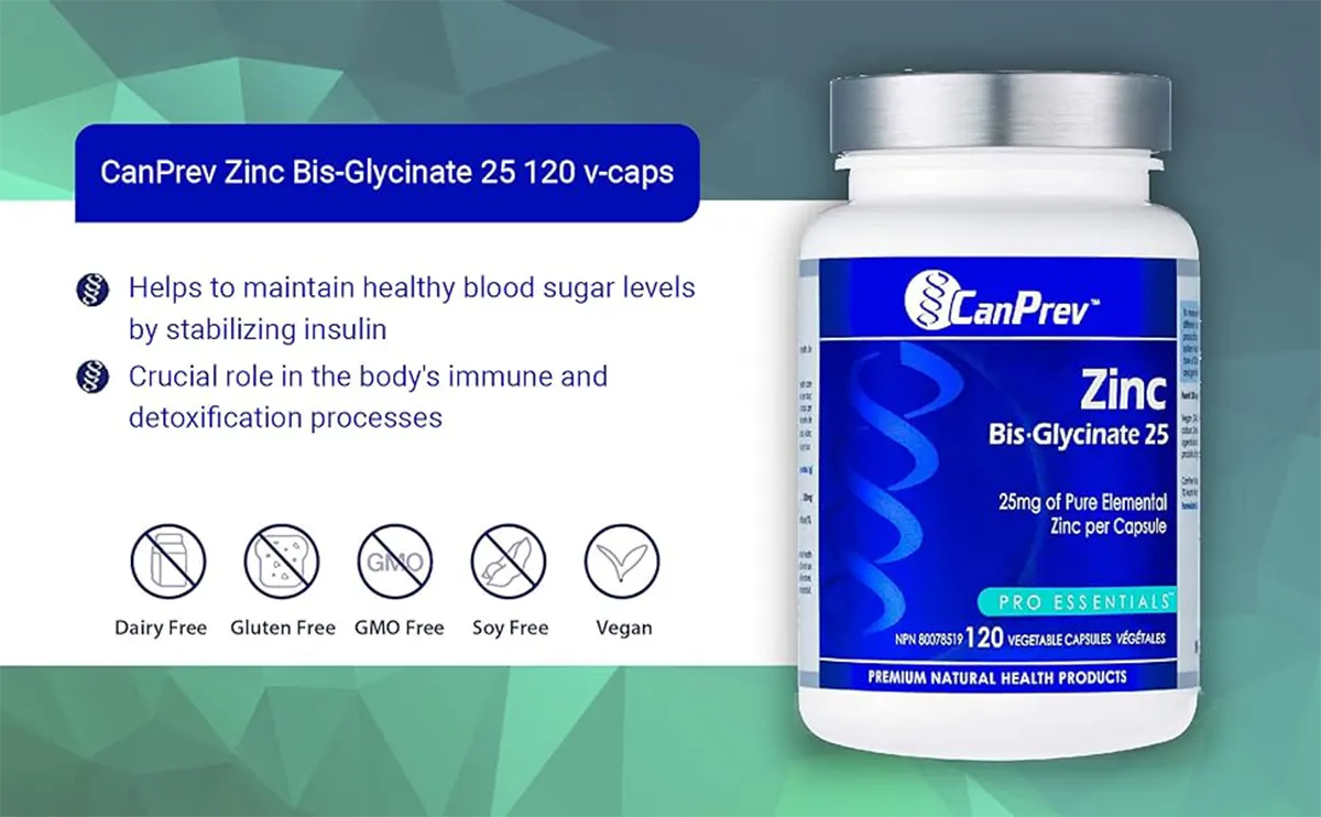 CanPrev Zinc Bis-Glycinate 25mg Capsules - Side view of the 120 capsule bottle.