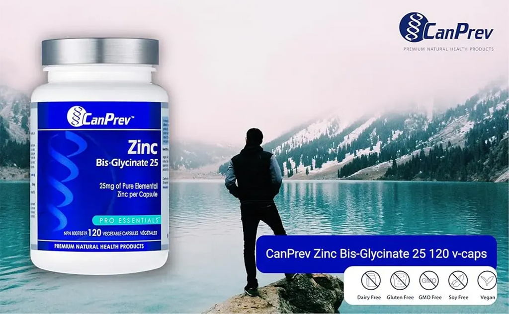 CanPrev Zinc Bis-Glycinate 25mg Capsules - Angled view of the 120 capsule bottle.