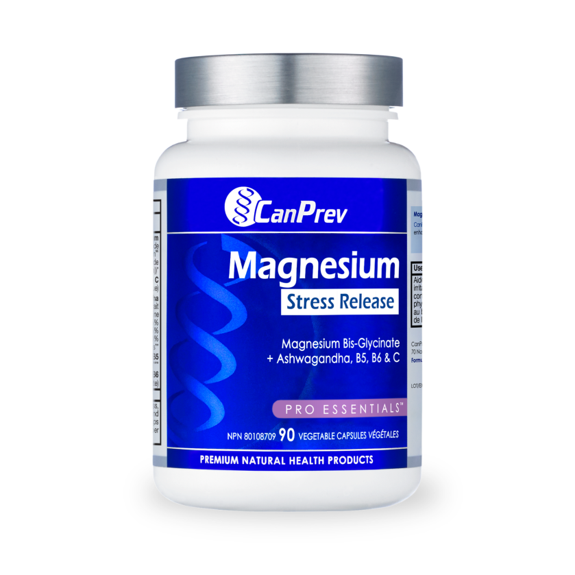 CanPrev Magnesium Stress Release 90 capsules bottle, front view. Blue label with product information.