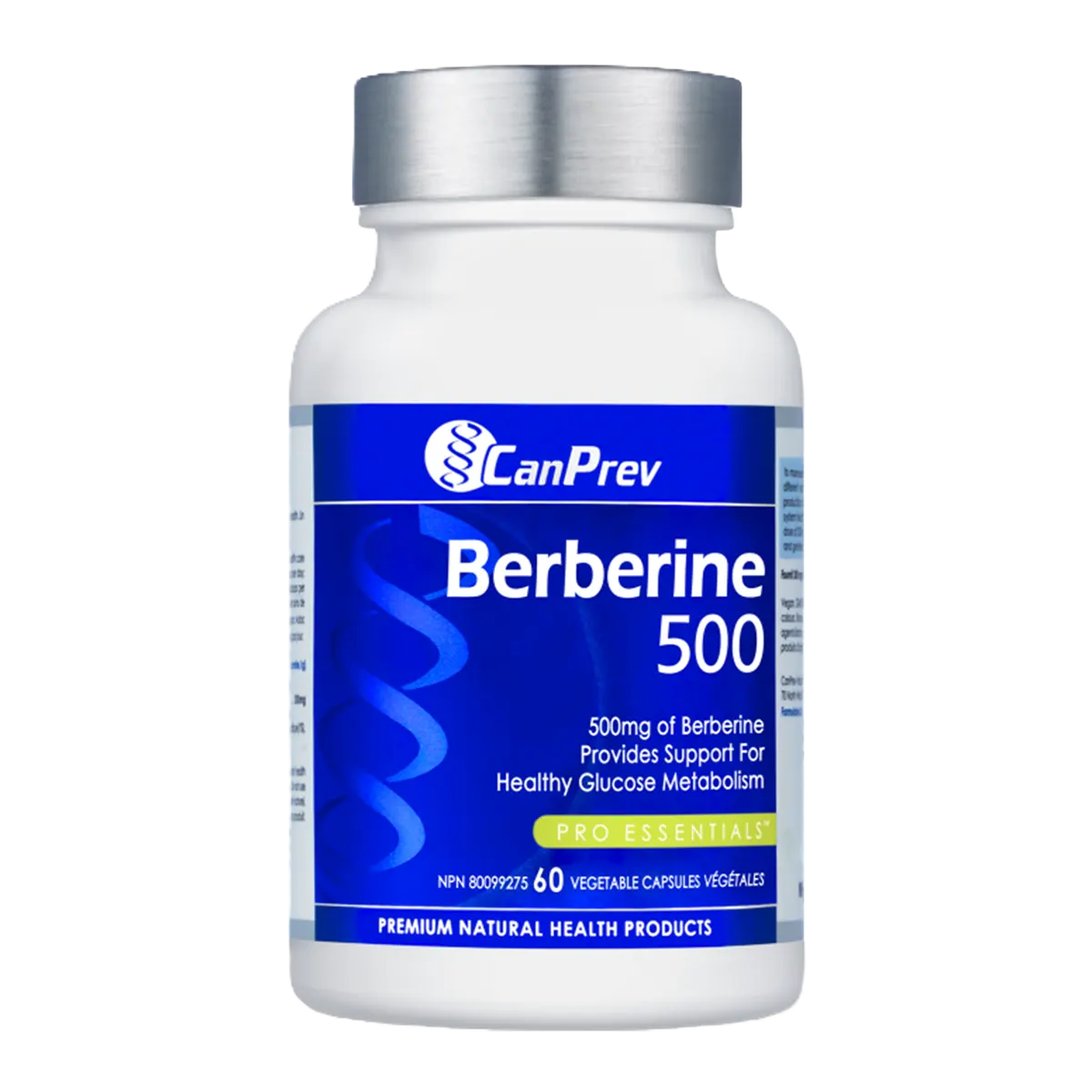 CanPrev Berberine 500mg bottle, front view. White bottle with blue label. 60 vegetable capsules.