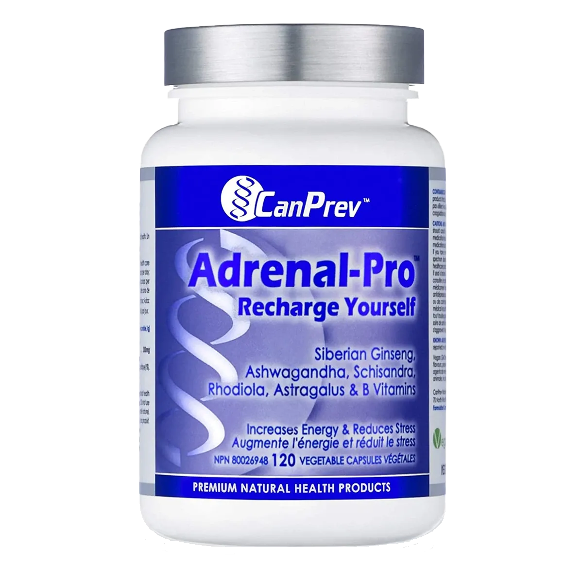 CanPrev Adrenal-Pro Recharge Yourself bottle, front label view. 120 vegetable capsules.