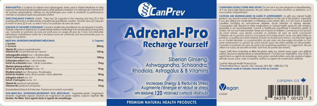 CanPrev Adrenal-Pro Recharge Yourself back label with ingredients and usage instructions.