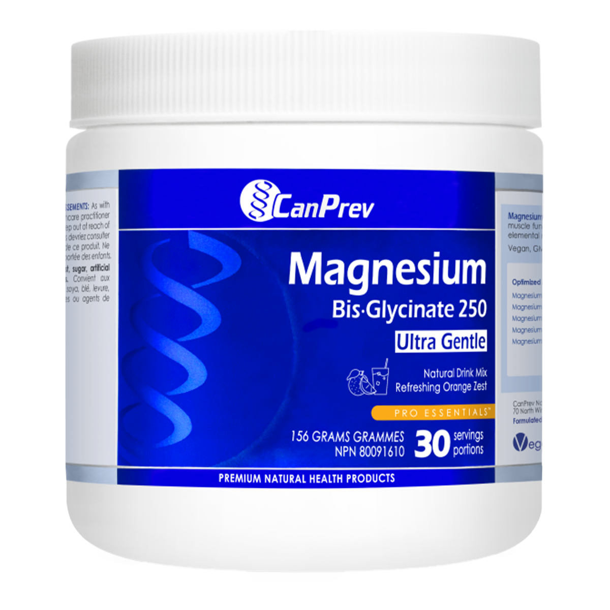 CanPrev Magnesium Bis-Glycinate Drink Mix container, front view. Orange zest flavor, 156 grams.