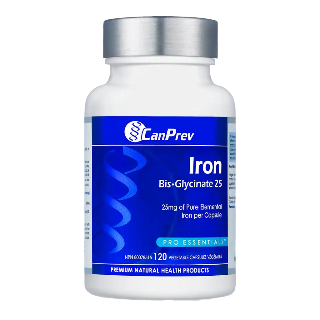 CanPrev Iron Bis-Glycinate 25 bottle, front label view. 120 vegetable capsules.