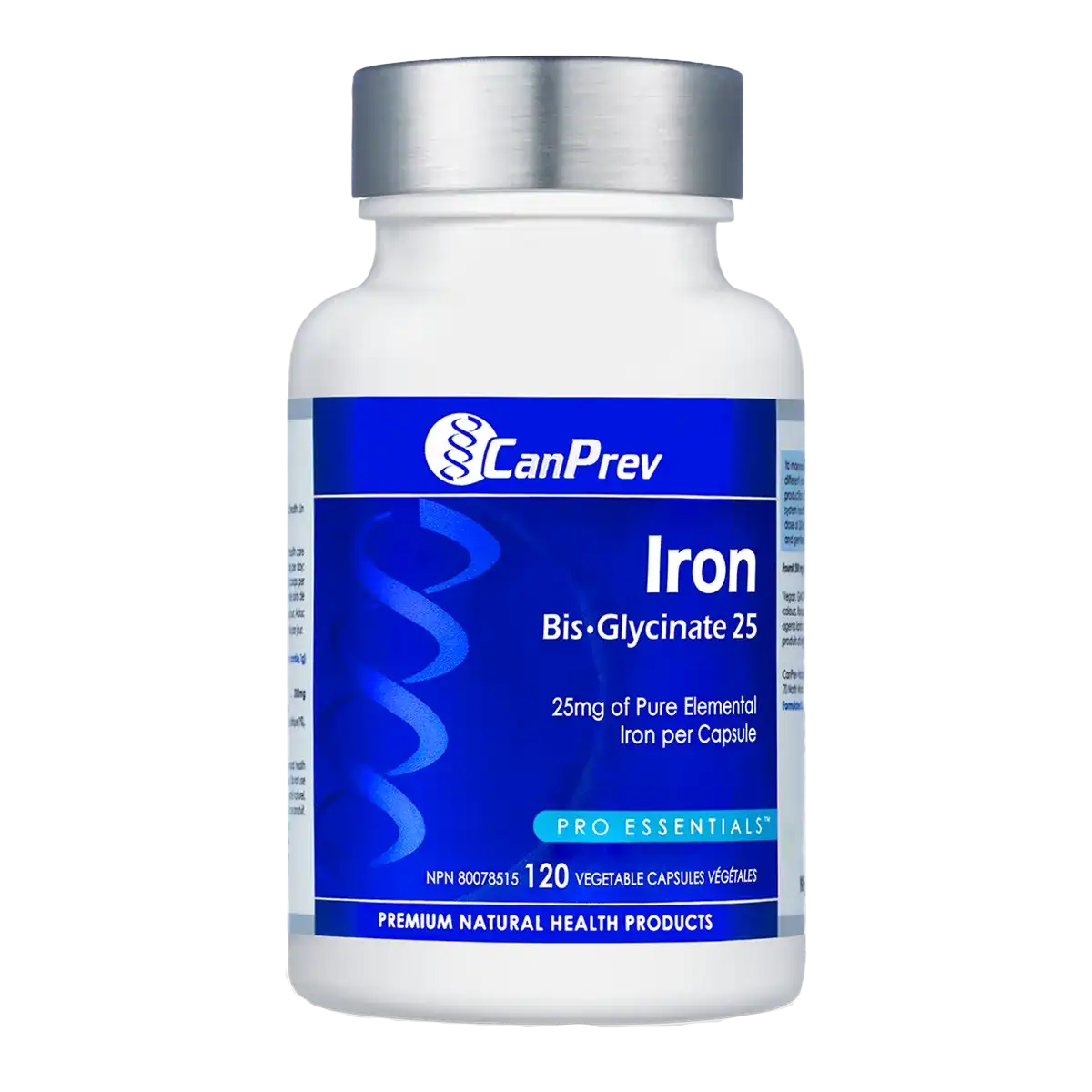 CanPrev Iron Bis-Glycinate 25 bottle, front label view. 120 vegetable capsules.