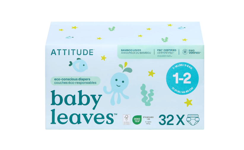 Attitude Living - Baby Leaves Eco Concious Diapers Size 1-2, 32Ct