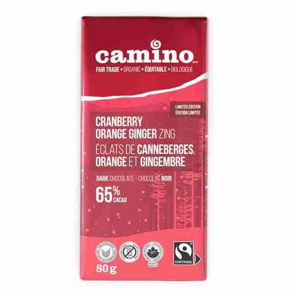 CONT20F1J1-Camino-Cranberry-Orange-Ginger-Zing-chocolate-bar-organic-limited-edition-on-Rosette-Fair-Trade-scaled-1