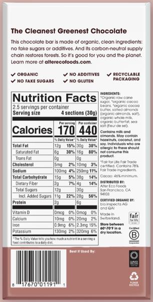 Alter Eco Organic Chocolate Grass Fed Milk With Salted Almonds 75G