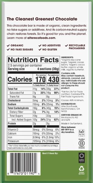 Alter Eco Organic Chocolate Grass Fed Milk 75G