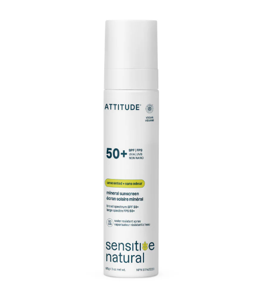 Attitude Living - Sensitive Skin Mineral Sunscreen Spray SPF 50 Unscented, 85G
