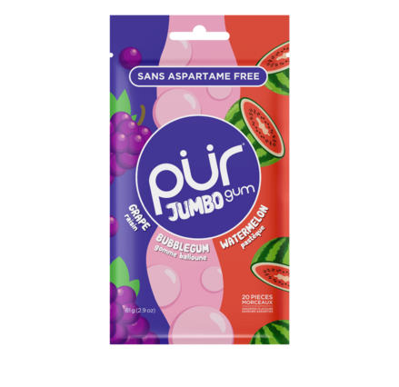 Pur Gum - Jumbo Gum Grape, Bubble Gum, Watermelon, 20Pc