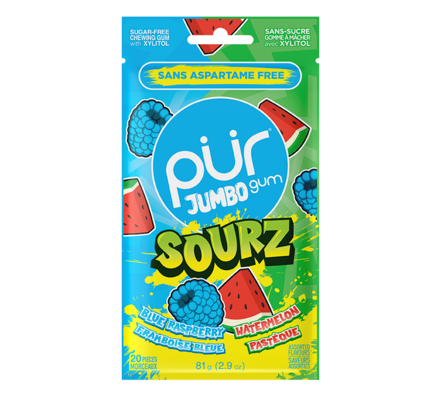 Pur Gum - Jumbo Gum Sourz Blue Raspberry & Watermelon, 20Pc