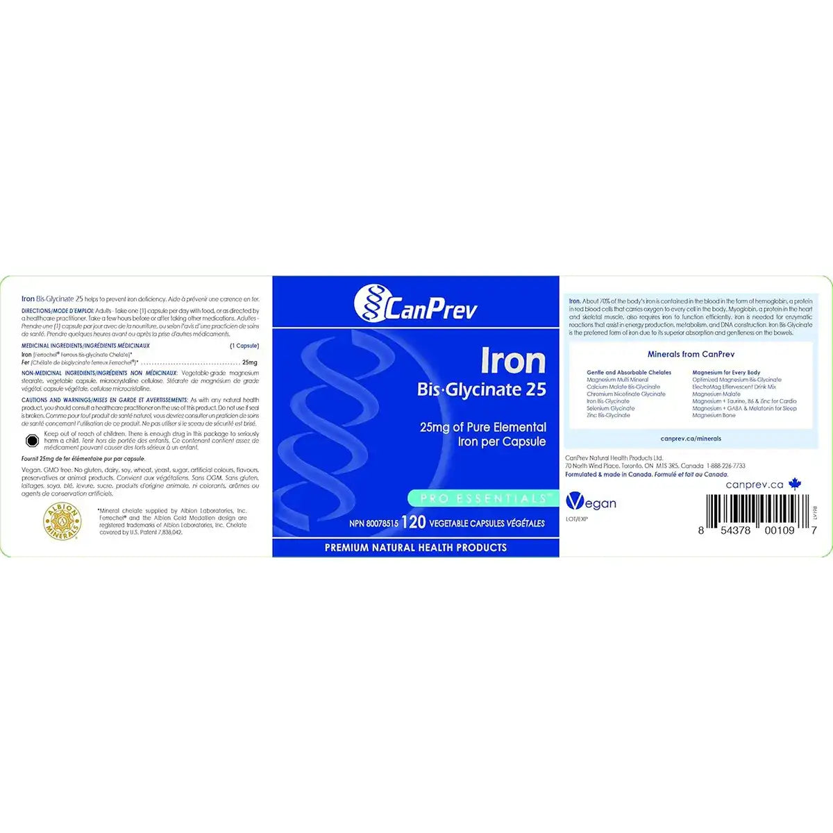 CanPrev Iron Bis-Glycinate 25 bottle, back label view. Ingredients and dosage information.